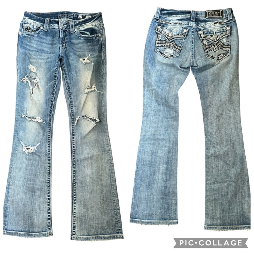 Miss Me JE1098BL Blue Light Wash Distressed Mid Rise Boot Cut Denim Jean Size 27